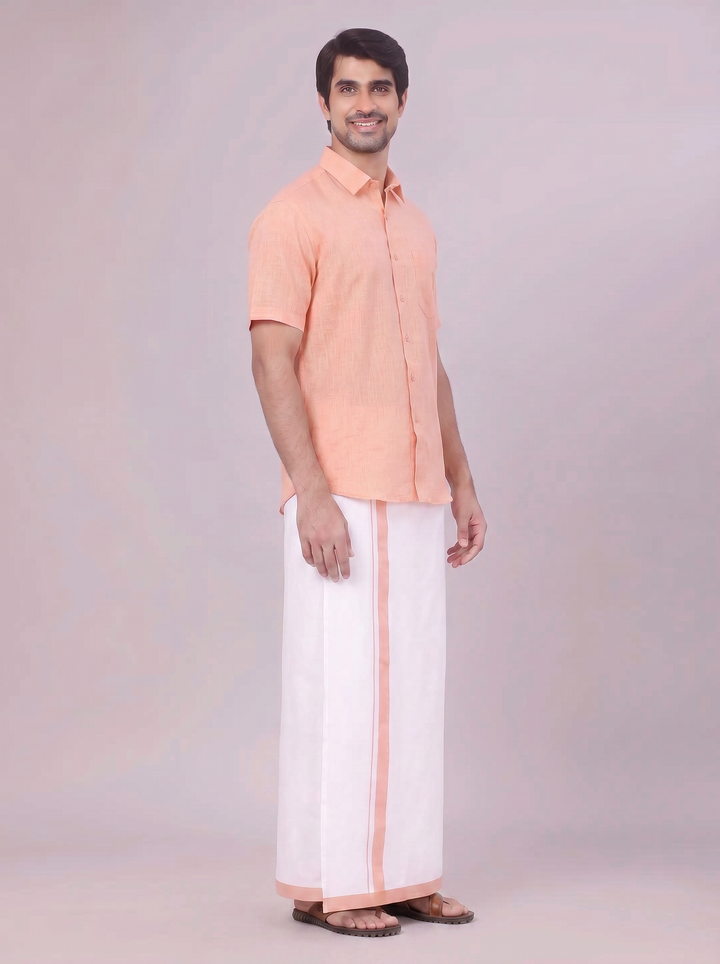 Mens Peach Colour Shirt with Matching Fancy Border Dhoti Combo Lemax