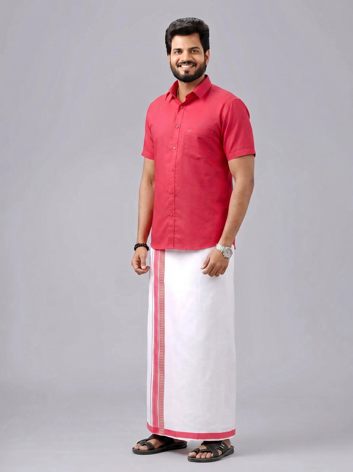 Men's Cotton Pink Matching Shirt with Fancy Printed Border Dhoti Combo Luster Trend