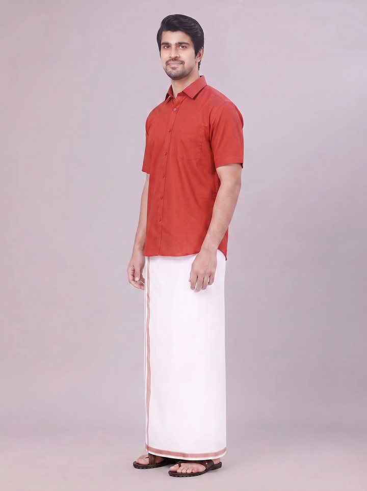 Men's Crimson Red Shirt with Matching Border Dhoti Combo Pinto