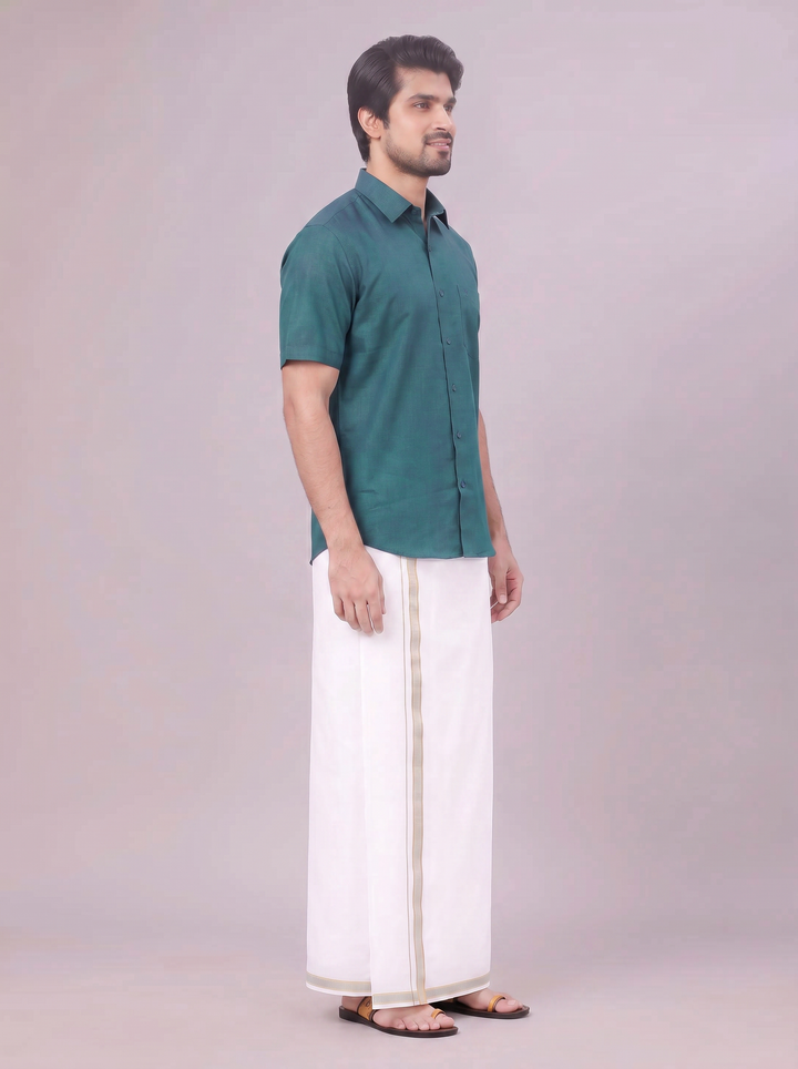 Men's Teal Green Shirt with Matching Border Dhoti Combo Pinto
