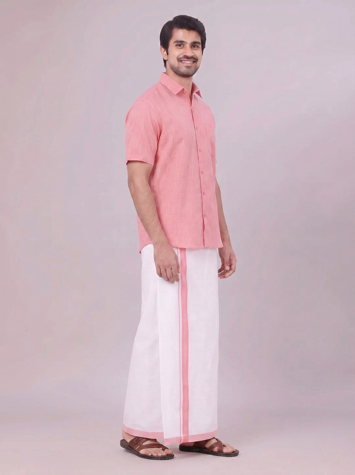 Mens Pink Colour Shirt with Matching Fancy Border Dhoti Combo Lemax