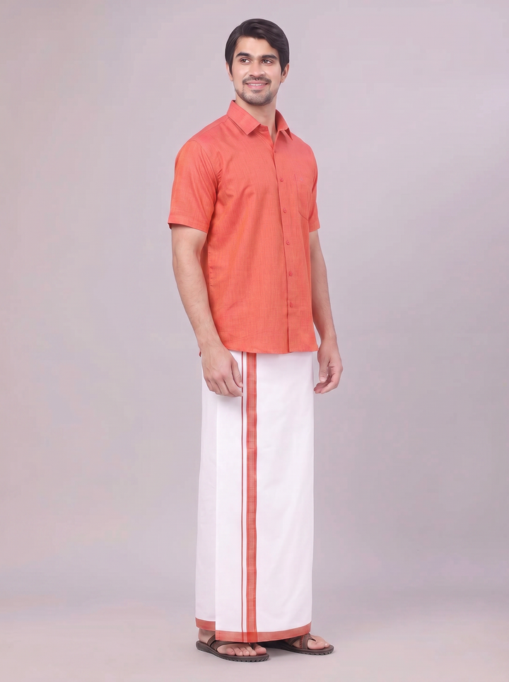 Mens Dark Brick Colour Shirt with Matching Fancy Border Dhoti Combo Lemax