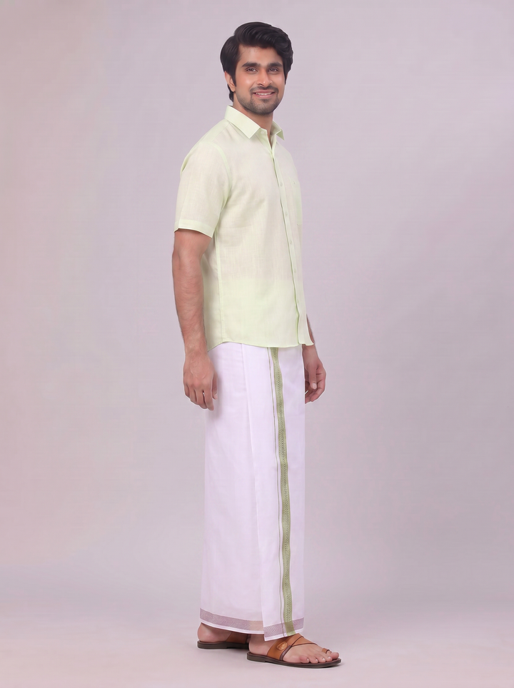 Mens Pastel Green Shirt with Matching jacquard Weave Border Dhoti Combo Marsh