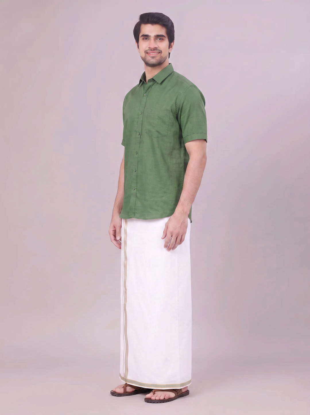 Men's Dark Green Shirt with Matching Border Dhoti Combo Pinto