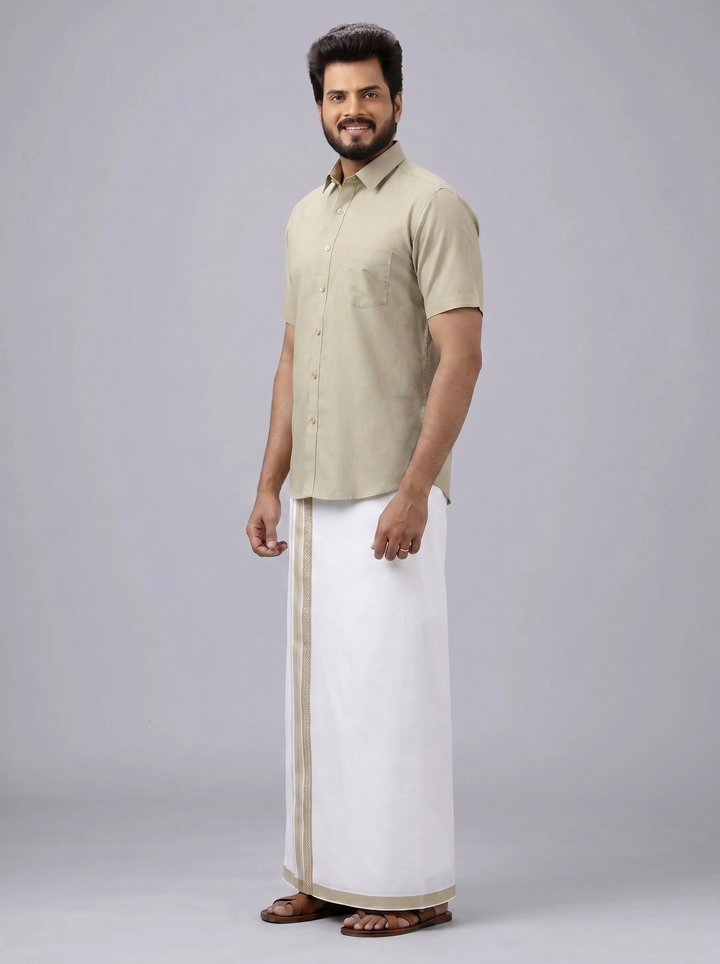 Men's Cotton Light Olive Matching Shirt with Fancy Printed Border Dhoti Combo Luster Trend