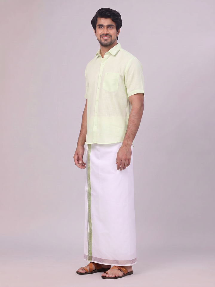 Mens Pastel Green Shirt with Matching jacquard Weave Border Dhoti Combo Marsh