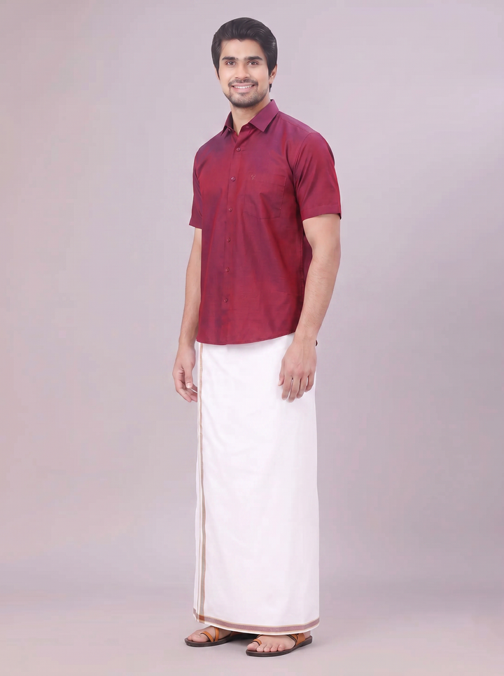 Men's Medium Wine Shirt with Matching Border Dhoti Combo Pinto