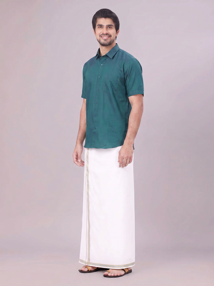 Men's Teal Green Shirt with Matching Border Dhoti Combo Pinto