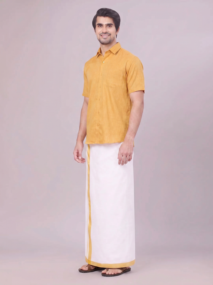 Mens Mustard Colour Shirt with Matching Fancy Border Dhoti Combo Lemax
