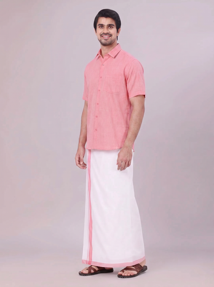Mens Pink Colour Shirt with Matching Fancy Border Dhoti Combo Lemax