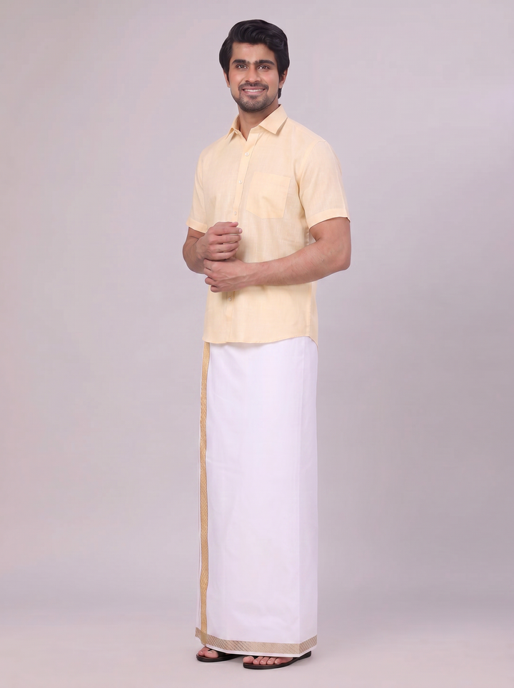 Mens Sandal Shirt with Matching jacquard Weave Border Dhoti Combo Marsh