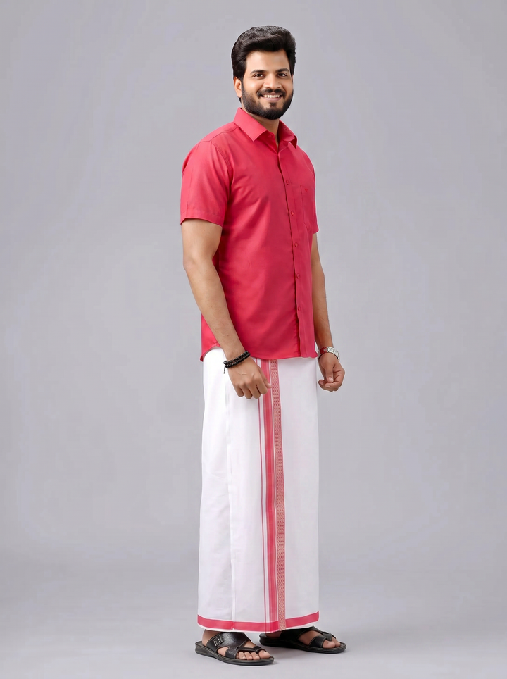 Men's Cotton Pink Matching Shirt with Fancy Printed Border Dhoti Combo Luster Trend