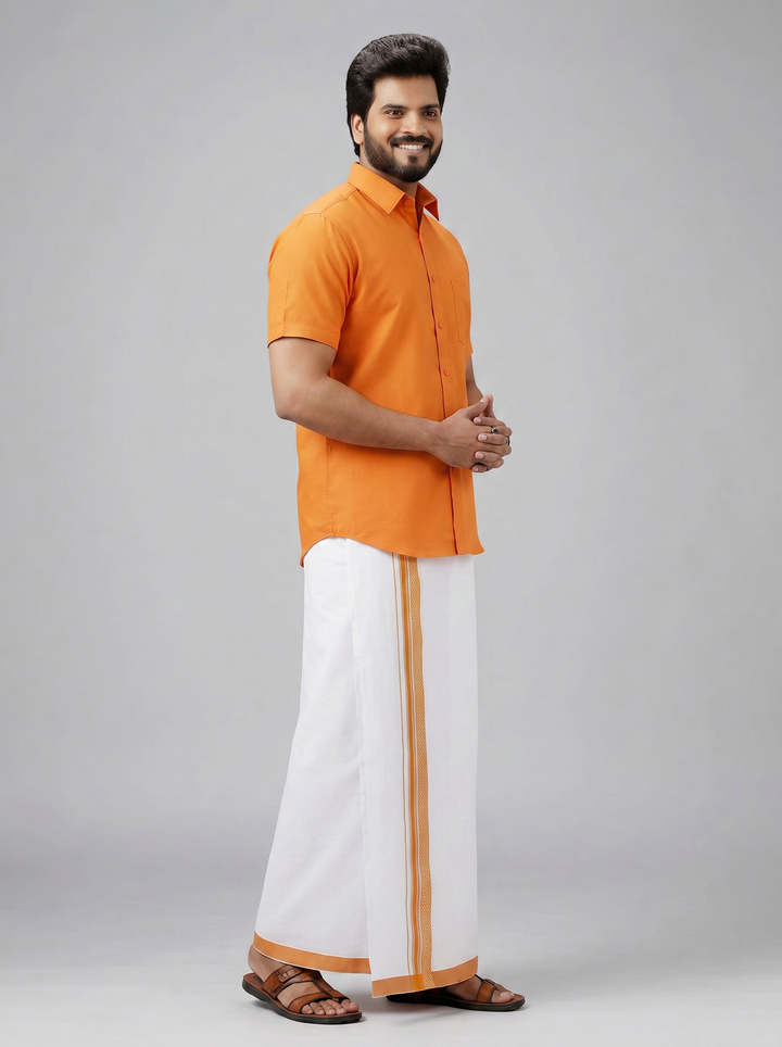 Men's Cotton Orange Matching Shirt with Fancy Printed Border Dhoti Combo Luster Trend