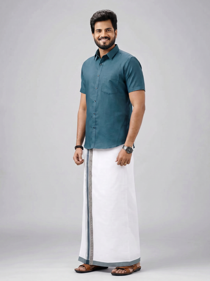 Men's Cotton Dark Green Matching Shirt with Fancy Printed Border Dhoti Combo Luster Trend