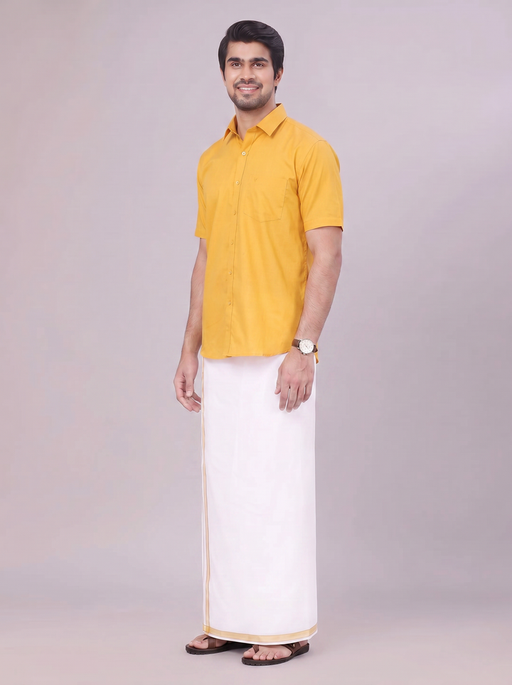 Men's Yellow Shirt with Matching Border Dhoti Combo Pinto