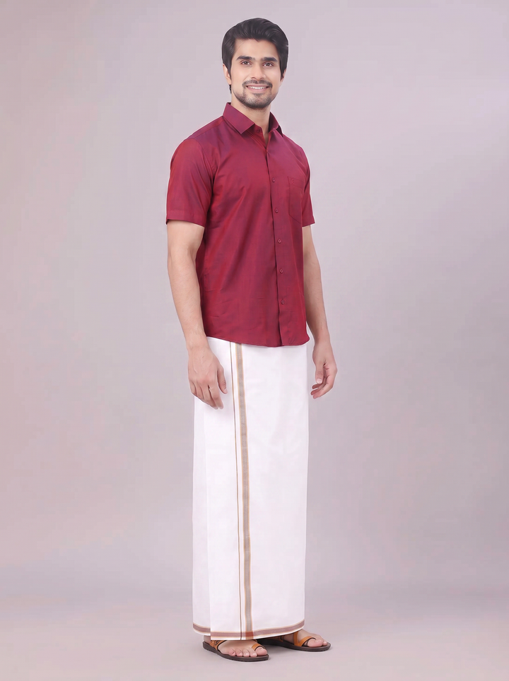 Men's Medium Wine Shirt with Matching Border Dhoti Combo Pinto