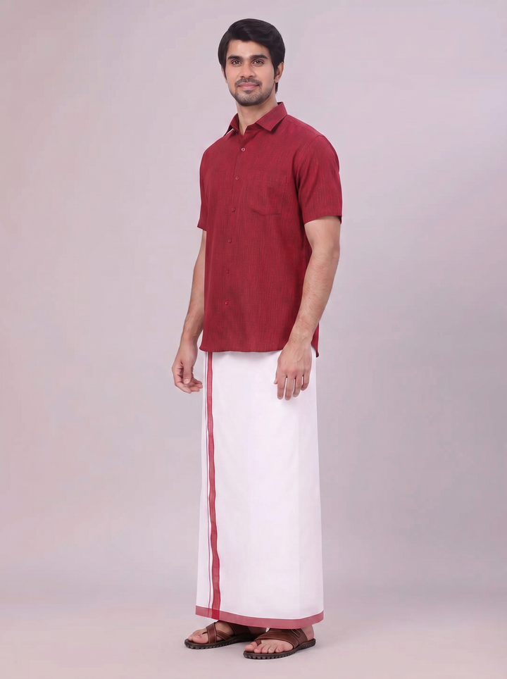 Mens Maroon Colour Shirt with Matching Fancy Border Dhoti Combo Lemax