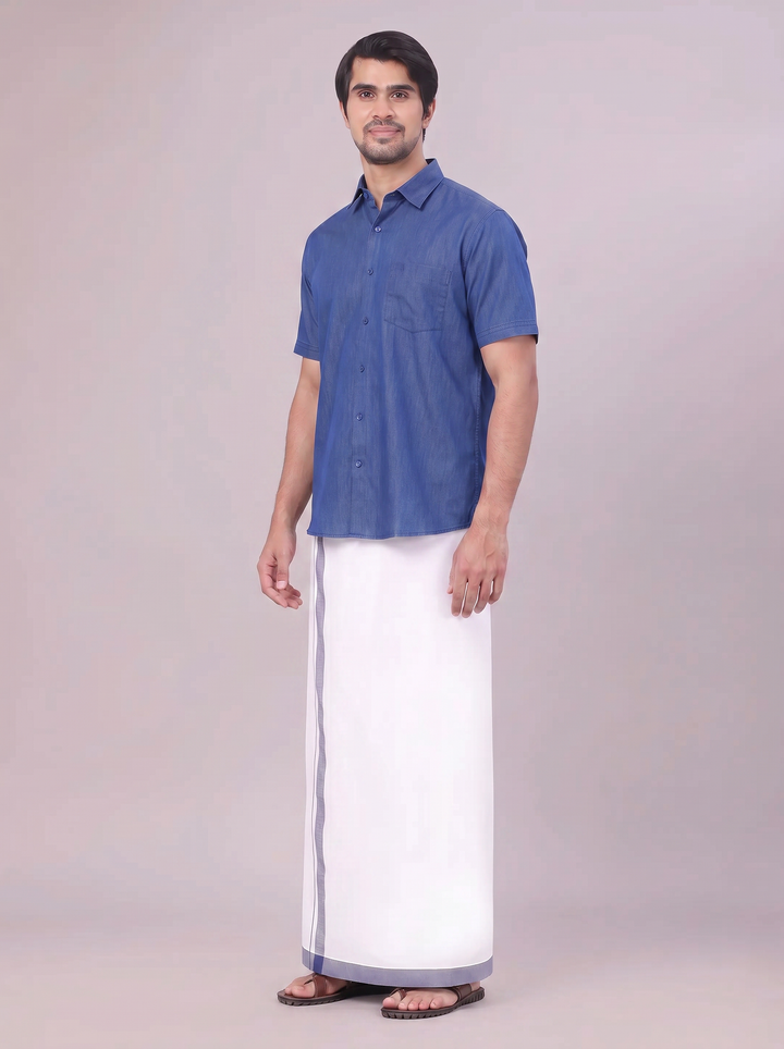 Mens Dark Blue Colour Shirt with Matching Fancy Border Dhoti Combo Lemax