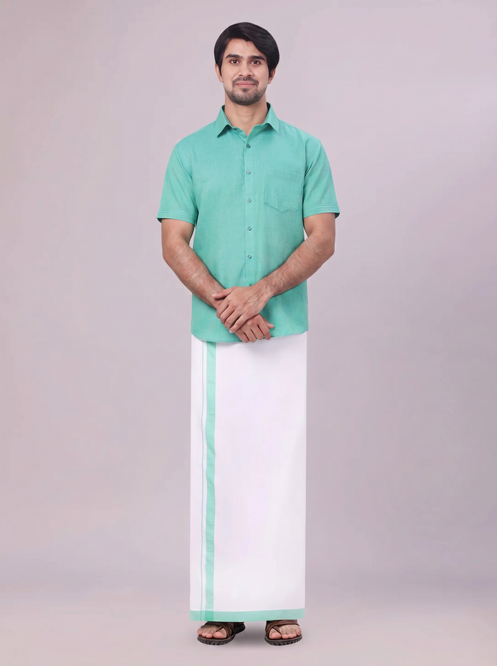 Men's Mint Blue Color Shirt with Matching Fancy Border Dhoti Combo Lemax