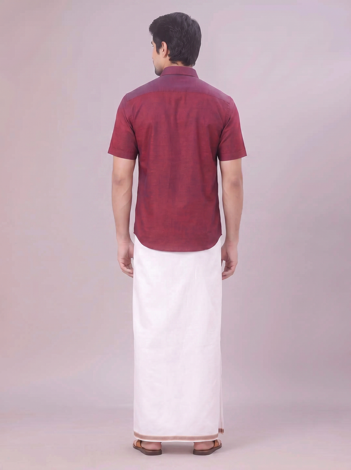 Men's Medium Wine Shirt with Matching Border Dhoti Combo Pinto