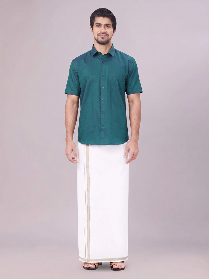 Men's Teal Green Shirt with Matching Border Dhoti Combo Pinto