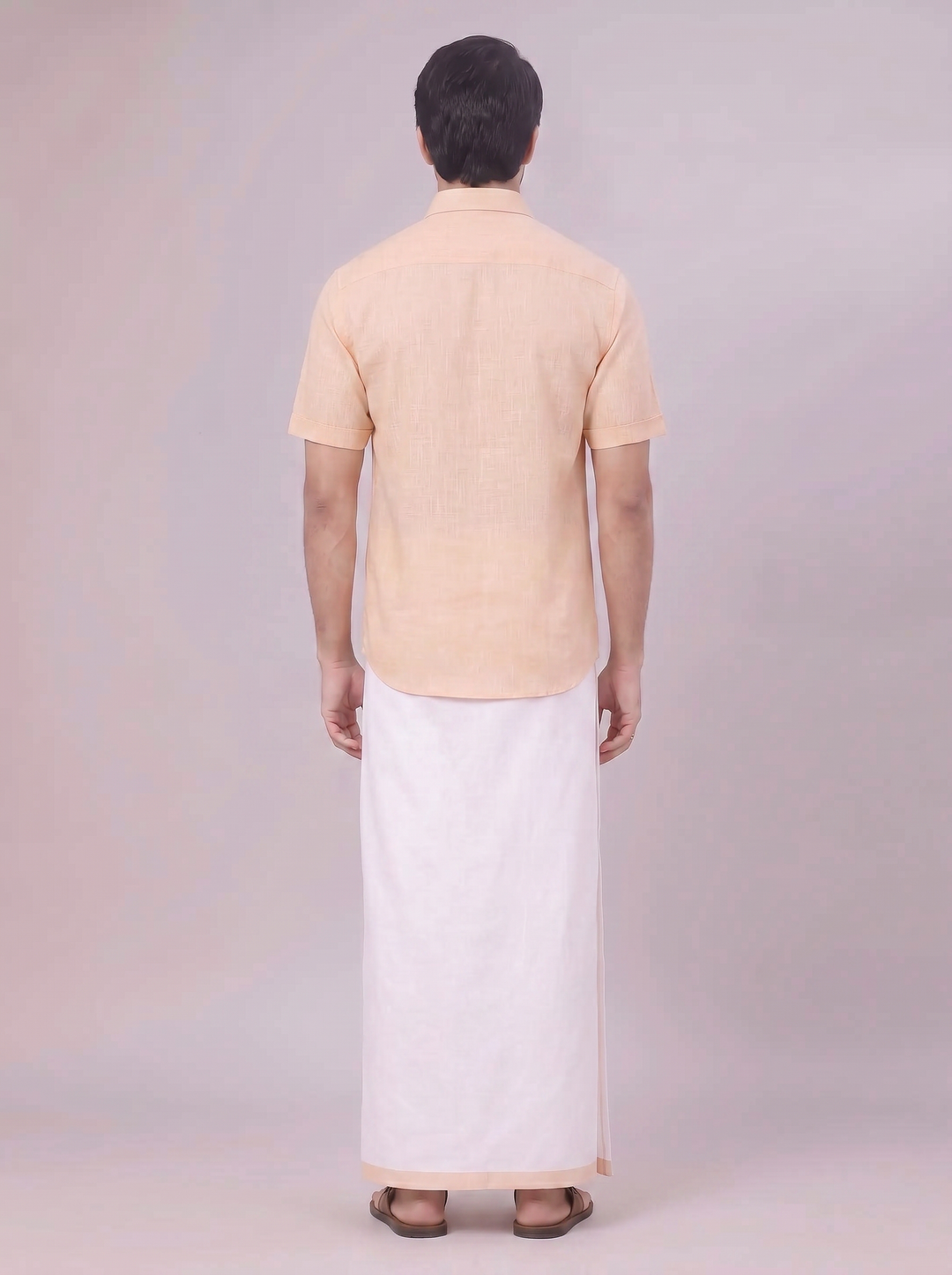 Mens Light Sandal Colour Shirt with Matching Fancy Border Dhoti Combo Lemax