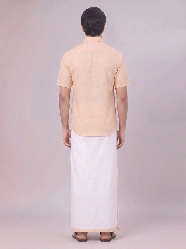 Mens Light Sandal Colour Shirt with Matching Fancy Border Dhoti Combo Lemax