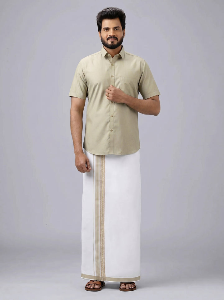 Men's Cotton Light Olive Matching Shirt with Fancy Printed Border Dhoti Combo Luster Trend