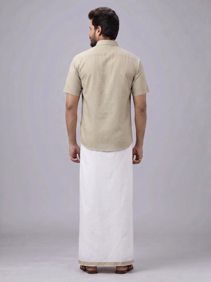 Men's Cotton Light Olive Matching Shirt with Fancy Printed Border Dhoti Combo Luster Trend