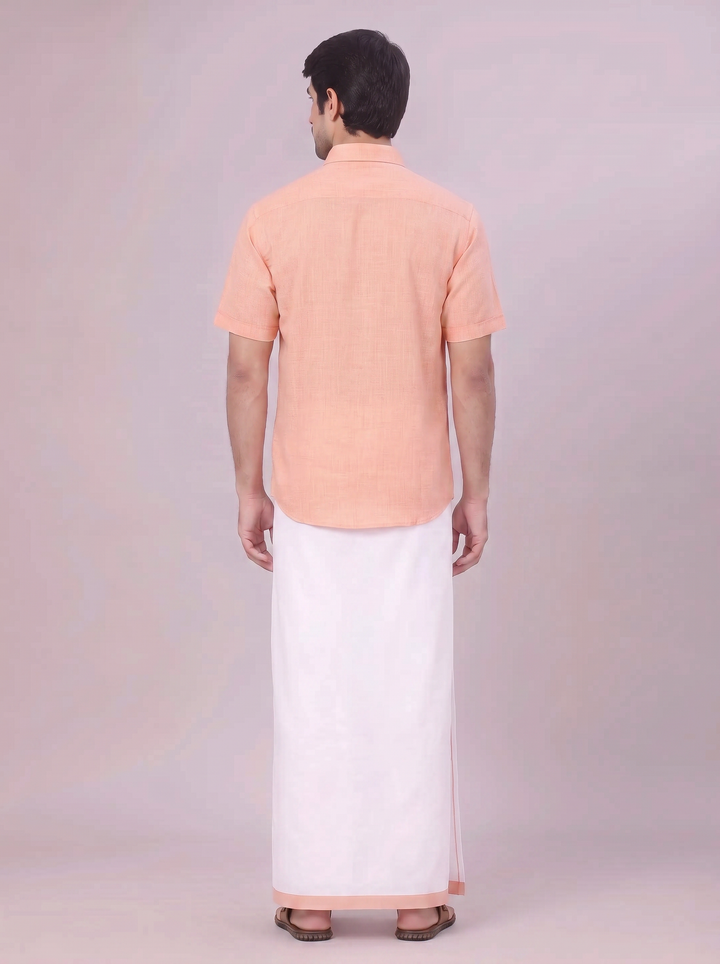 Mens Peach Colour Shirt with Matching Fancy Border Dhoti Combo Lemax