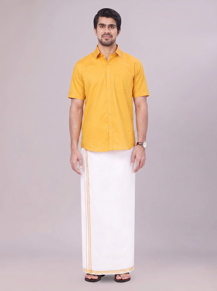 Men's Yellow Shirt with Matching Border Dhoti Combo Pinto