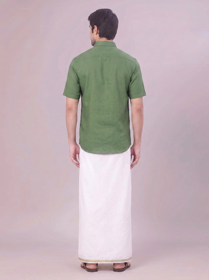 Men's Dark Green Shirt with Matching Border Dhoti Combo Pinto