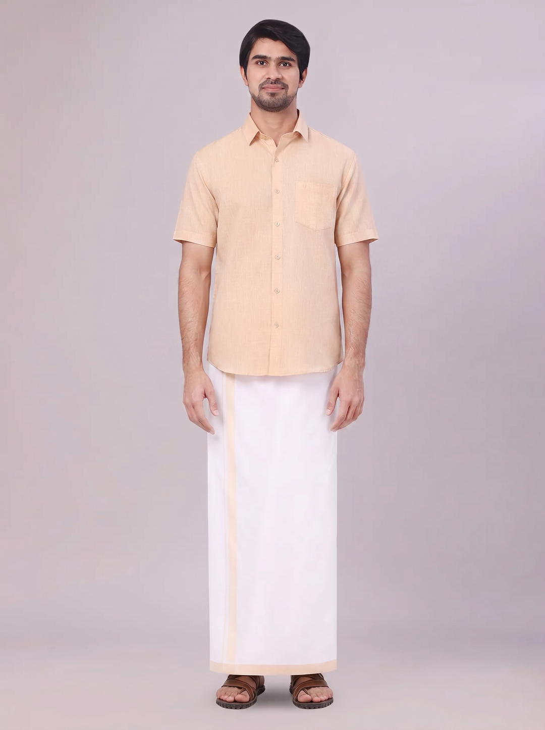 Mens Light Sandal Colour Shirt with Matching Fancy Border Dhoti Combo Lemax