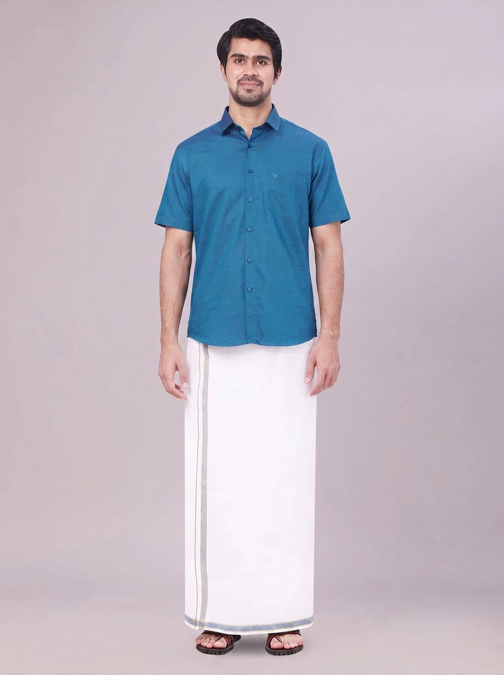 Men's Peacock Shirt with Matching Border Dhoti Combo Pinto