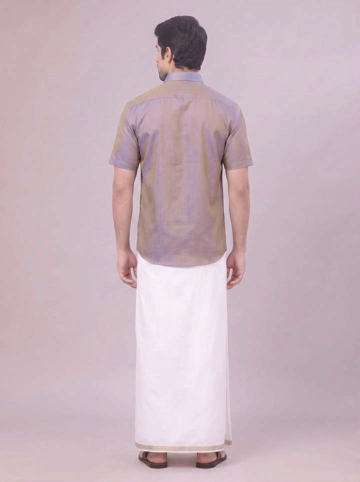 Men's Ash Grey Shirt with Matching Border Dhoti Combo Pinto