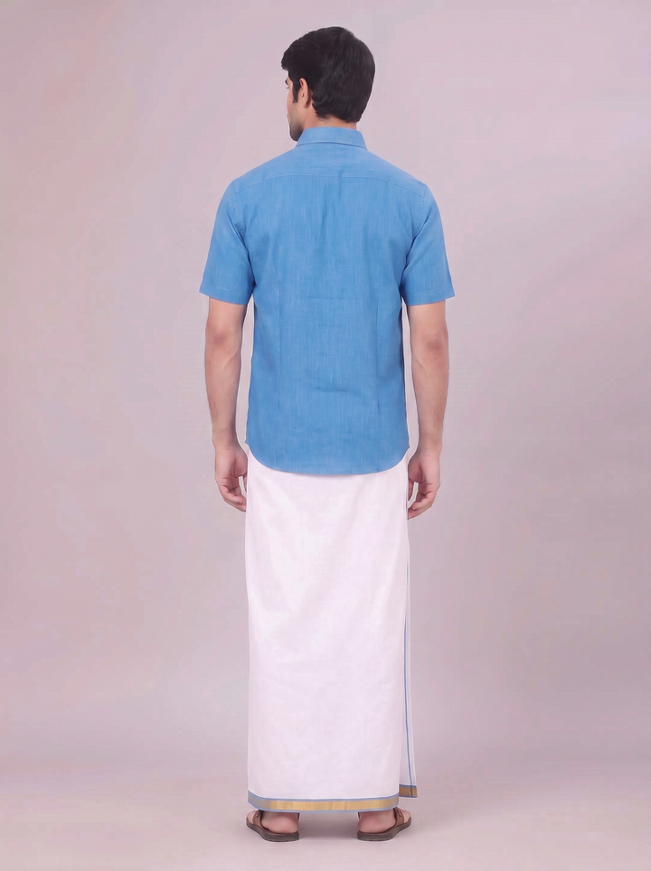 Mens Blue Colour Shirt with Matching Fancy Border Dhoti Combo Lemax