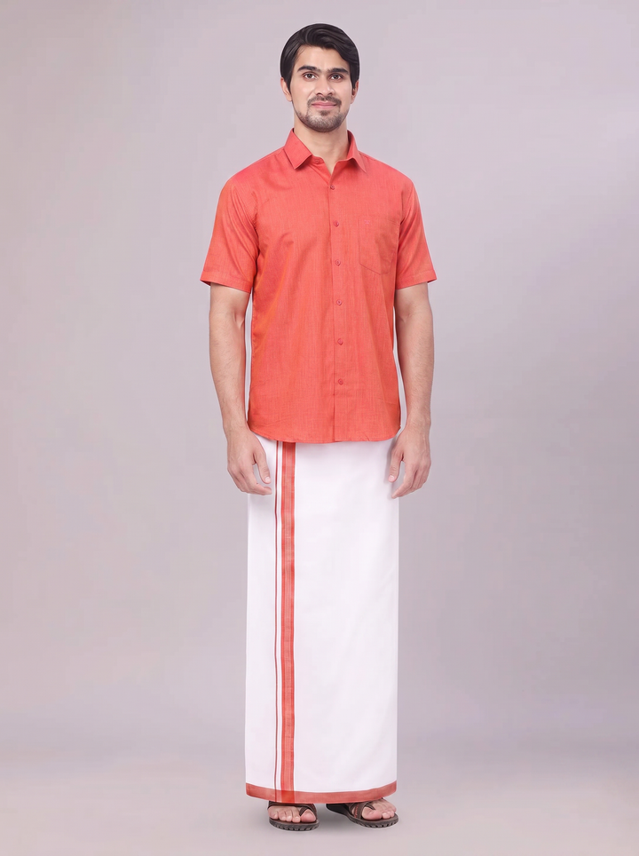 Mens Dark Brick Colour Shirt with Matching Fancy Border Dhoti Combo Lemax