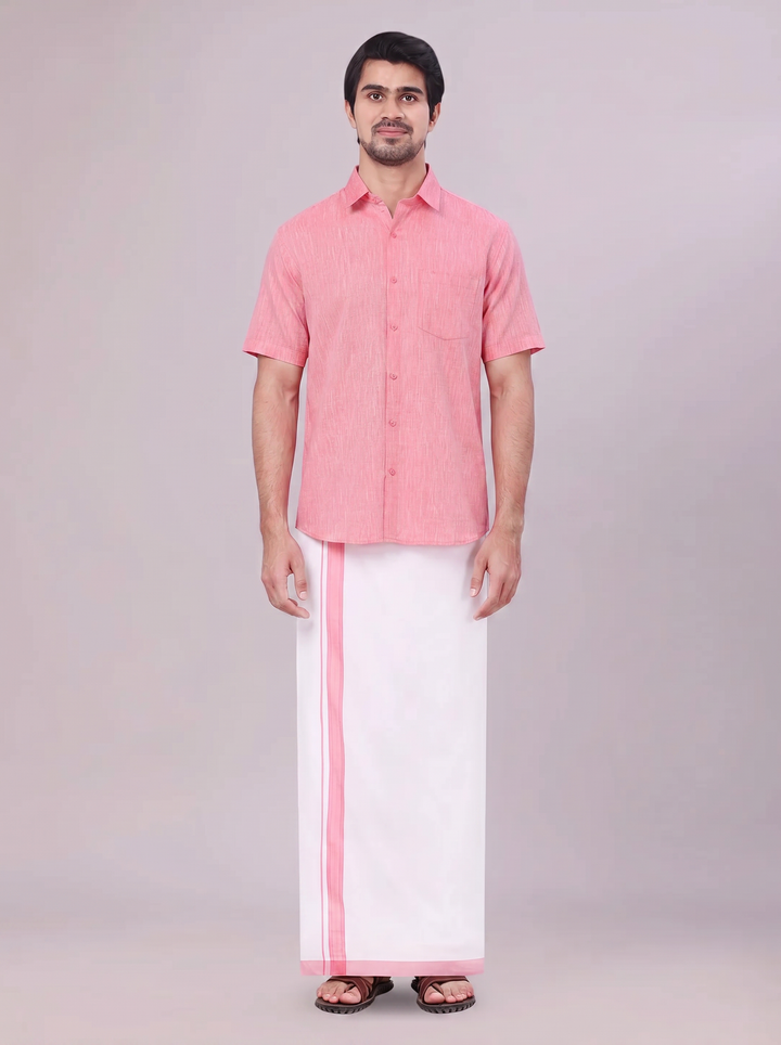 Mens Pink Colour Shirt with Matching Fancy Border Dhoti Combo Lemax