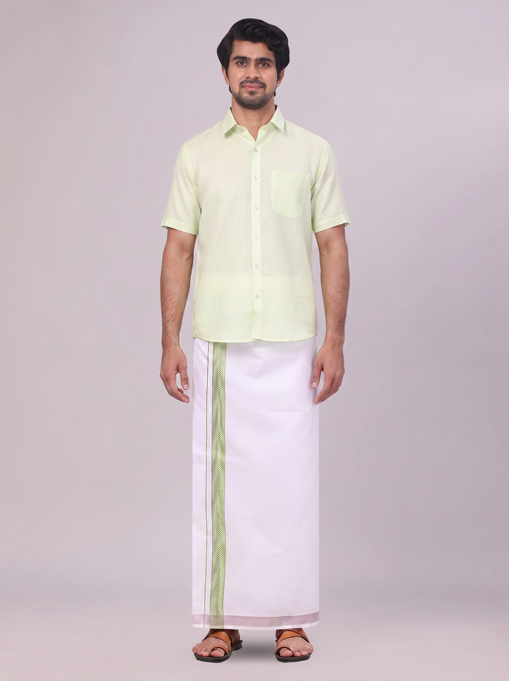 Mens Pastel Green Shirt with Matching jacquard Weave Border Dhoti Combo Marsh
