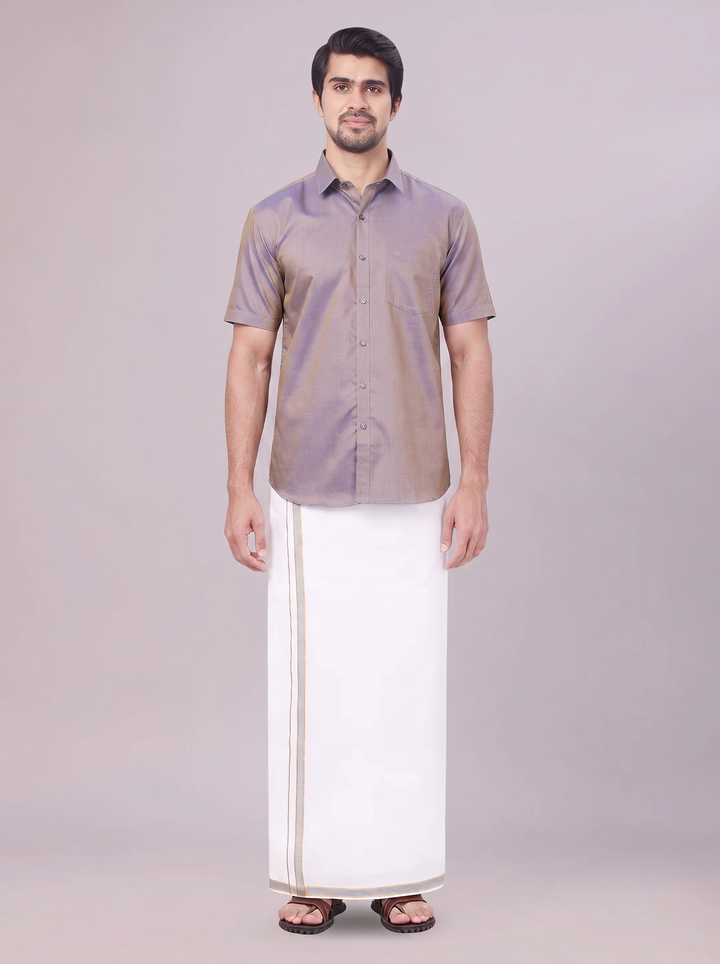 Men's Ash Grey Shirt with Matching Border Dhoti Combo Pinto