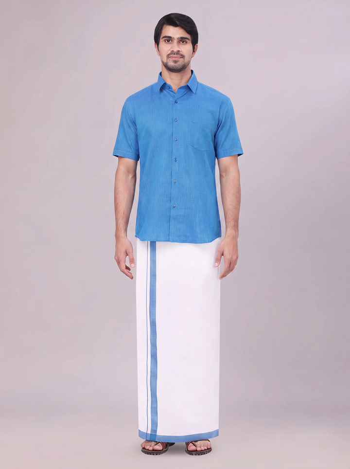 Mens Blue Colour Shirt with Matching Fancy Border Dhoti Combo Lemax