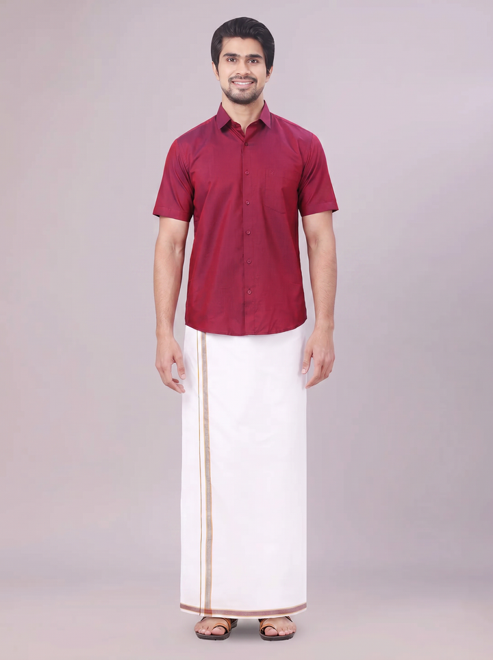 Men's Medium Wine Shirt with Matching Border Dhoti Combo Pinto