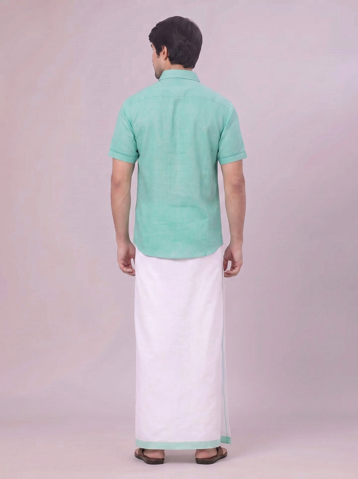 Men's Mint Blue Color Shirt with Matching Fancy Border Dhoti Combo Lemax