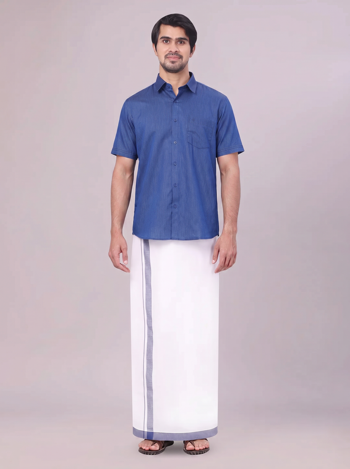 Mens Dark Blue Colour Shirt with Matching Fancy Border Dhoti Combo Lemax