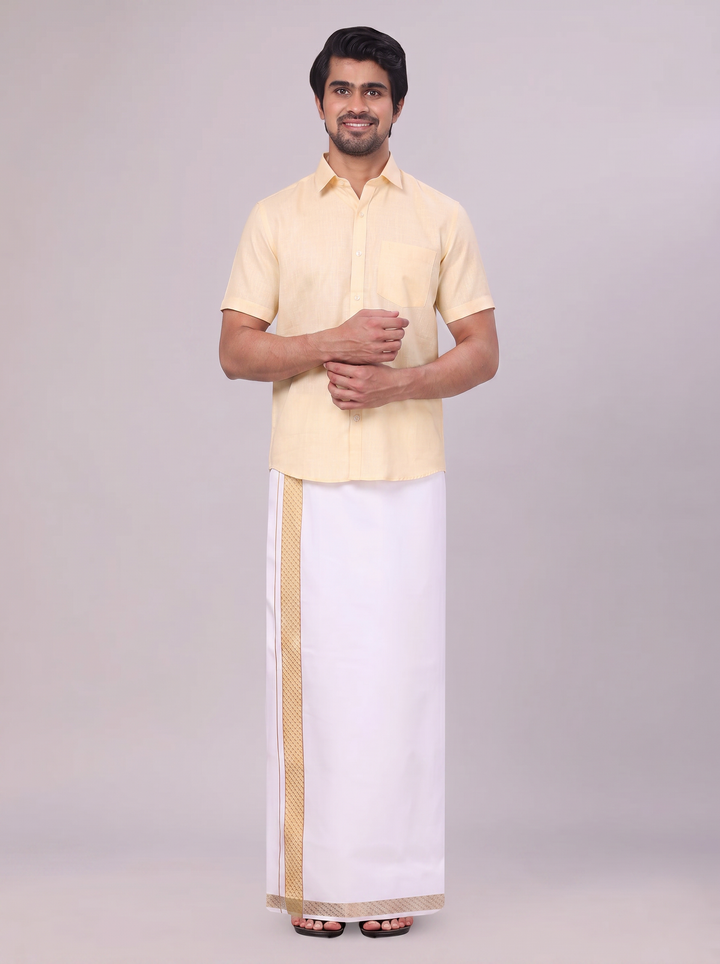 Mens Sandal Shirt with Matching jacquard Weave Border Dhoti Combo Marsh