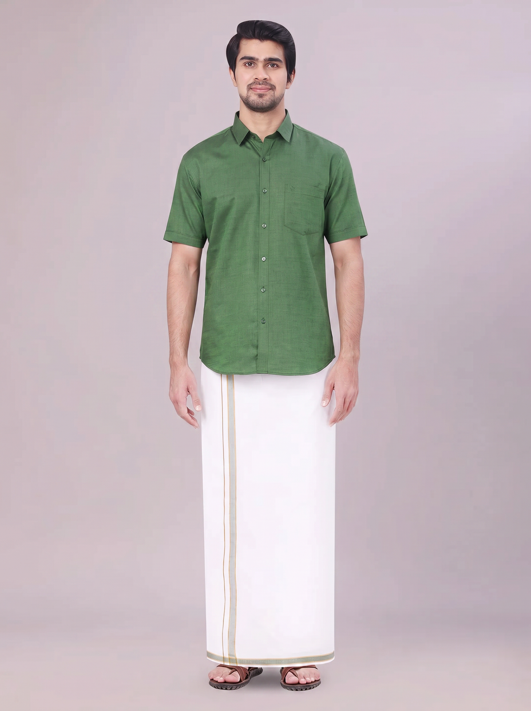 Men's Dark Green Shirt with Matching Border Dhoti Combo Pinto