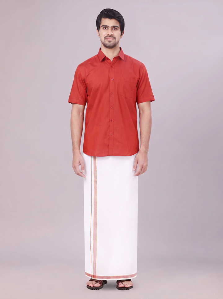 Men's Crimson Red Shirt with Matching Border Dhoti Combo Pinto