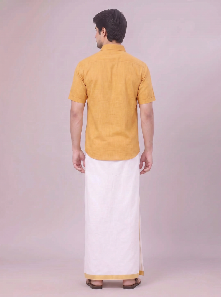 Mens Mustard Colour Shirt with Matching Fancy Border Dhoti Combo Lemax