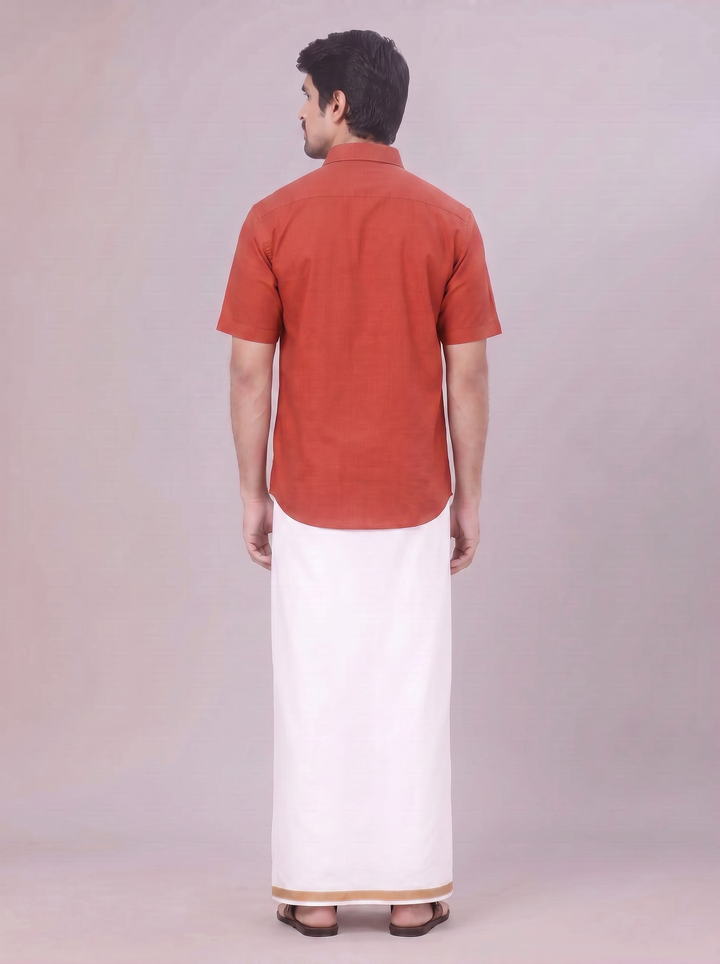 Men's Crimson Red Shirt with Matching Border Dhoti Combo Pinto