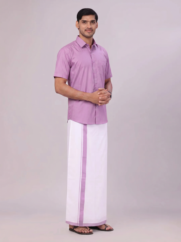 Mens Light Purple Color Shirt with Matching Border Dhoti Combo Casper